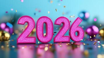 Glittering 2026 sign reflecting golden confetti on background surface, soft blue bokeh glossy year festive new highlighting celebration mood photo