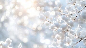 Winter sunlight casting soft bokeh behind snow laden highlighting branches, seasonal serenity photo