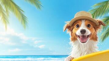 wearing dog Happy summer straw hat surfing on surfboard in tropical ocean with blue trees and palm sky photo