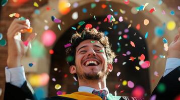 jubiloso graduado en gorra y vestido académico éxito, rodeado por vistoso papel picado que cae durante comienzo foto