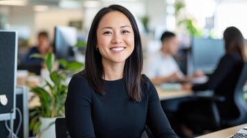 Portrait of a smiling asian businesswoman sitting at her desk in a busy modern open plan office, her background working on computers in the colleagues photo