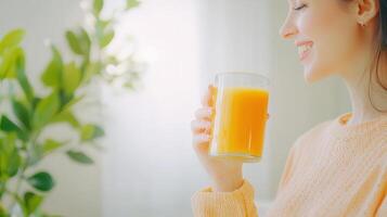 for young woman Happy perfect teeth smiling and drinking fresh orange juice with breakfast photo