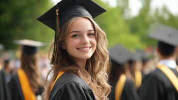Young american woman smiling and wearing her graduation cap and gown on a university campus photo