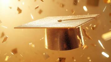 Graduation cap draped with golden light, confetti falling, symbolizing academic scholarly success photo