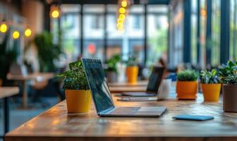 Empty with monitor displaying workplace Blank setting soft focused coworkers blurred, green plants framing minimalist workspace environment photo