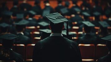 Graduate wearing graduation cap, viewed from behind amid crowded academic hall during photo