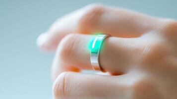 Hand emitting a futuristic smart ring showcasing a green glow, wearing the potential of wearable technology photo