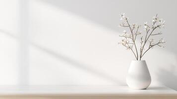 White flower bouquet casting soft shadows on white wall, illuminated by window light, elegant backdrop for minimalist design concepts photo
