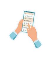 A hand holds a smartphone, tapping an application. A user interacts with a digital device, gesturing with finger. Technology sticker displays cool communication scene modern media. vector