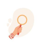 Hand holding magnifying glass. Gesture of searching with a glass. Concept of exploration, cartoon graphic style, ideal for educational and creative projects. vector