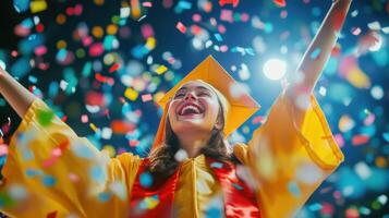 Graduate laughs with joy as colorful rains down, celebrating academic achievement and a bright future photo