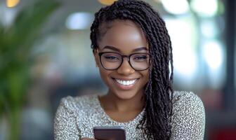 while businesswoman wearing eyeglasses smiling Happy using a smartphone in a modern office hallway photo