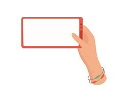 A hand holds a smartphone with a blank template screen. The user displays simple mobile device in gesture for communication. Digital app showcases potential for social interaction. vector