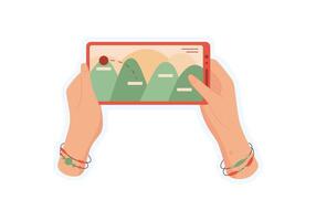 Hand hold smartphone sticker with app. User interact with mobile device displaying game application. Fun context, simple visual style, suitable for online media and social communication. vector