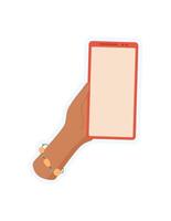 Sticker of hand holding phone. Character using smartphone with a blank screen. Gesture with mobile device, digital application, template, potential for social media and online communication. vector