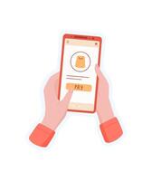 Hand holding phone sticker. A user interacts with the app screen. Mobile payment application, cute graphic, ideal for business orders and e contexts. vector