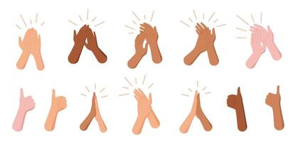 Diverse cartoon bare hand applause set. Multicultural raised palms clapping in colorful art style, symbolizing gesture of celebration and unity. Flat creative design for community recognition themes. vector