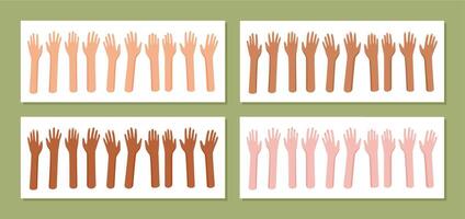 Set of raised open bare hands in flat style. Raised palms of diverse people symbolize multicultural support, solidarity, and equality. Ideal for community, equality, and support campaigns. vector