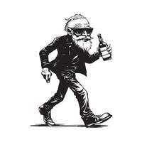 Black and White Caricature of an Old Man Stumbling While Carrying a Bottle of Alcohol image vector