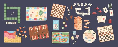 Flat style boardgame set with various pieces. Includes puzzle, table games, cards, chess, domino, mahjong, and jenga blocks. Perfect for entertainment, family fun, and leisure concepts. vector