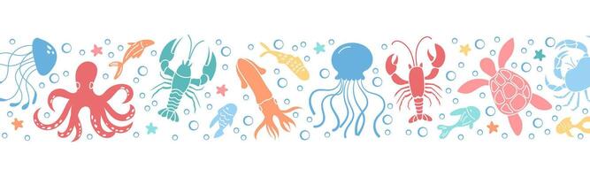 Pattern design of playful underwater marine life with colorful sea creatures. This vibrant ocean design showcases various reef animals like turtles, crabs, and jellyfish in lively water. vector