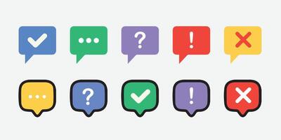 Icon set of check mark, information icon, chat, cross, question mark, exclamation point, FAQ sign. Tick, question, information and answers mark. vector