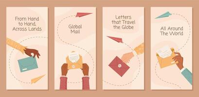 Creative cartoon banner of hands with envelope set. Social media stories highlight mail communication and customer satisfaction. Review and survey concept with modern set for service client use in vector