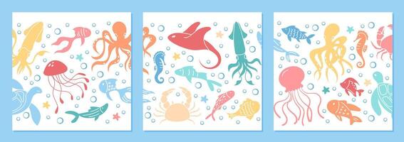 Underwater sea creature background design collection. Includes vibrant illustrations of various marine life such as jellyfish, octopus, and crabs amidst a richly depicted reef environment. vector