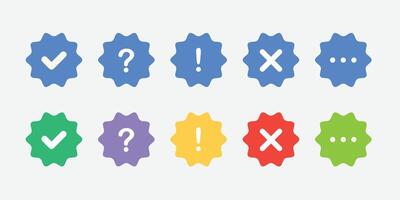 Icon set of check mark, information icon, chat, cross, question mark, exclamation point, FAQ sign. Tick, question, information, answers mark. vector