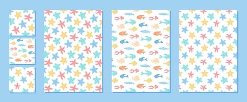 Underwater seamless cartoon pattern set in flat style. Repeated starfish and fish shapes create colorful ocean and marine graphics. Perfect for aquatic summer backgrounds or decorative designs. vector
