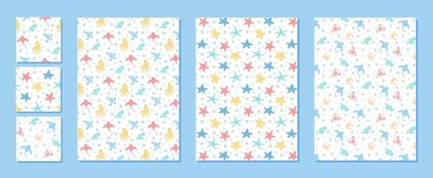 Seamless underwater marine life set in flat cartoon graphic style pattern. Featuring starfish, crabs, and octopuses across an aquatic pattern. Vibrant marine design highlights ocean life concepts for vector