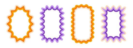 Retro wave pattern frame set. Scalloped rectangle and ellipse border collection. Wavy edge shapes in 80s style for decoration, text box, copy space, poster, banner. Vintage wiggly element pack vector