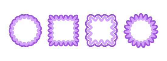 Cute frill pattern frame set. Purple scalloped circle and square border collection. Soft wavy lace edge shapes in rococo style for decoration, poster, banner. Girly coquette element pack. vector