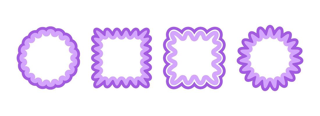 Cute frill pattern frame set. Purple scalloped circle and square border collection. Soft wavy lace edge shapes in rococo style for decoration, poster, banner. Girly coquette element pack.