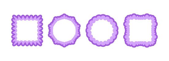 Cute frill pattern frame set. Purple scalloped circle border collection. Soft wavy lace edge shapes in rococo style for decoration, poster, banner, brochure. Girly coquette round element pack vector