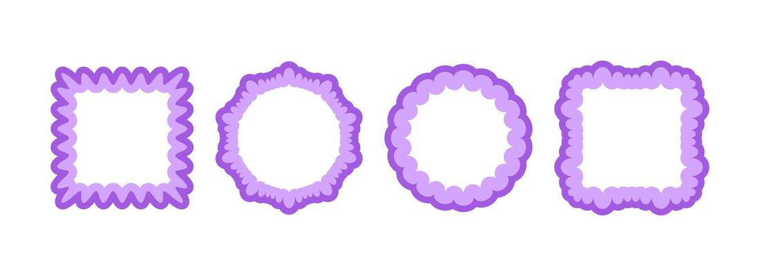 Cute frill pattern frame set. Purple scalloped circle border collection. Soft wavy lace edge shapes in rococo style for decoration, poster, banner, brochure. Girly coquette round element pack