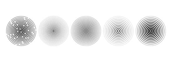 Black concentric circle set. Rippled and dashed sound wave ring collection. Epicenter, target, radar, sonar icon concept. Radial radio signal or vibration elements. Linear halftone symbol. vector