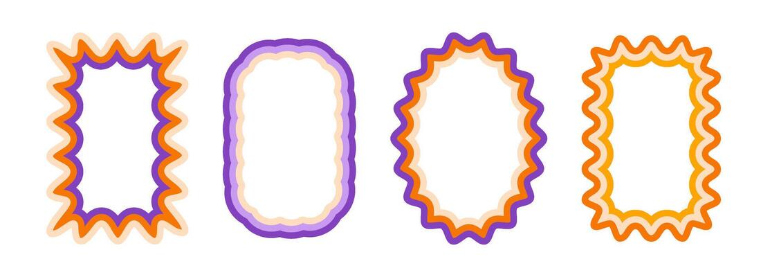 Retro wavy pattern frame set. Scalloped ellipse and rectangle border collection. Wavy edge shapes in 60s or 70s style for text box, copy space, poster, banner. Vintage wiggly element pack.