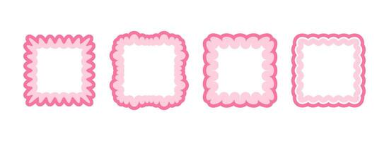 Cute frill pattern frame set. Pink scalloped square border collection. Soft wavy lace edge shapes in rococo style for poster, banner, decoration. Girly coquette rectangle element pack vector