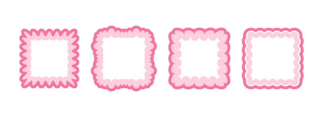 Cute frill pattern frame set. Pink scalloped square border collection. Soft wavy lace edge shapes in rococo style for poster, banner, decoration. Girly coquette rectangle element pack
