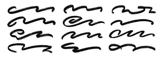 Black wave paint line set. Squiggle sketch brush stroke collection. Charcoal flourish pack for highlight, underline, emphasis. Rough scribble swoosh stripe bundle. Handdrawn crayon chalk strips vector