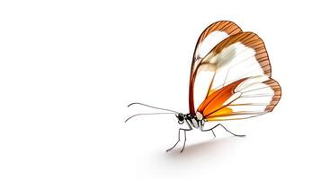 Glasswing butterfly with transparent wings on white background. Symbol of invisibility, fragility, and elegance in nature. Perfect for themes of subtle beauty, transformation, and minimalist design photo