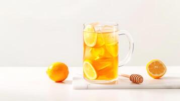Refreshing iced lemon tea with honey in glass pitcher on white table photo