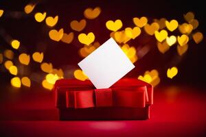 Red gift box adorned with a ribbon, set against a backdrop of glowing heart-shaped bokeh lights. A blank card stands on top, symbolizing love and celebration for valentine's day photo