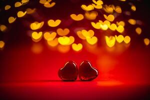 Two red heart-shaped objects rest against a vibrant red background, surrounded by a dreamy bokeh of glowing heart lights, creating a romantic and enchanting valentine's day theme photo