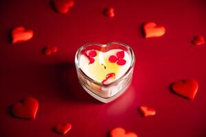 Romantic scene featuring a heart-shaped candle surrounded by scattered red hearts on a deep red background, capturing the essence of love and valentine's day celebration photo