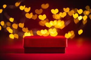 Red gift box adorned with a ribbon, set against a backdrop of glowing heart-shaped bokeh lights, creating a romantic atmosphere ideal for valentine's day celebrations photo