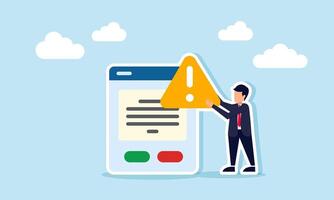 businessman giving an exclamation mark or alert on an app interface, illustration of warning about risky misuse of a business application vector