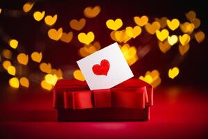 Red gift box adorned with a ribbon, accompanied by a card featuring a red heart. Warm bokeh lights in the background create a romantic and festive atmosphere, perfect for valentine's day photo