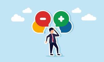 Businessman confused, thinking about something, with a chat dialog showing a minus and plus sign, illustration of considering business decision-making vector